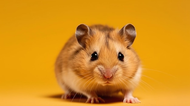 Een hamster zit op een gele achtergrond.