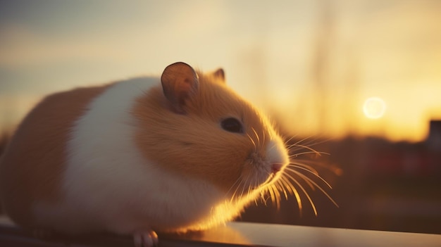 Een hamster zit op een hek in de zonsondergang