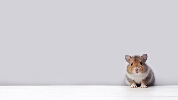 Foto een hamster zit op een tafel voor een grijze muur.