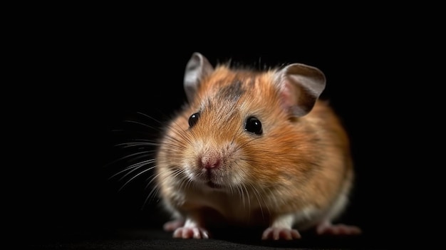 Een hamster zit op een zwarte achtergrond.