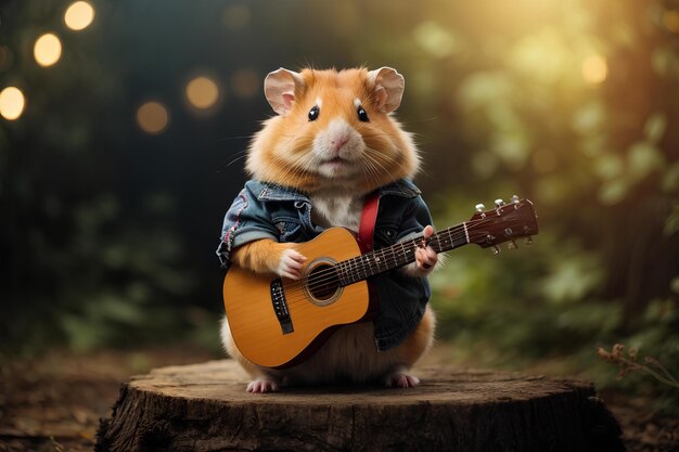 Een hamstermuzikant staat in het bos op een boomstronk en speelt gitaar.