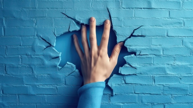 Een hand breekt een blauwe bakstenen muur met een gat erin.