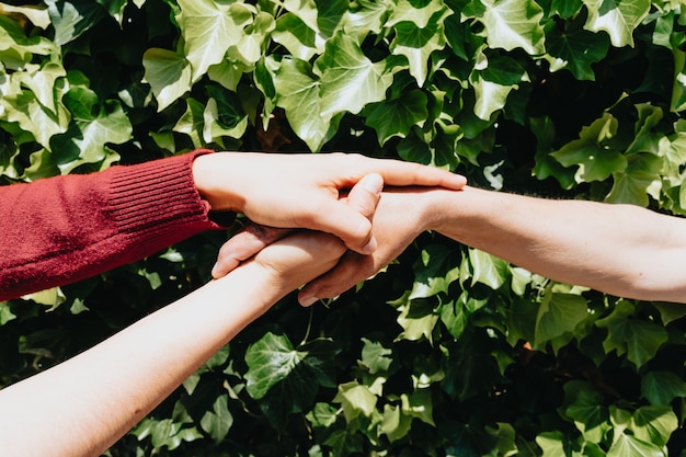 Een hand die een andere hand vasthoudt in het concept voor geestelijke gezondheid