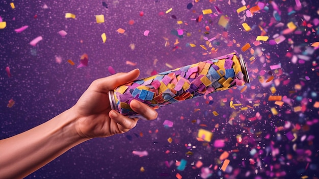 Een hand die een blikje confetti vasthoudt