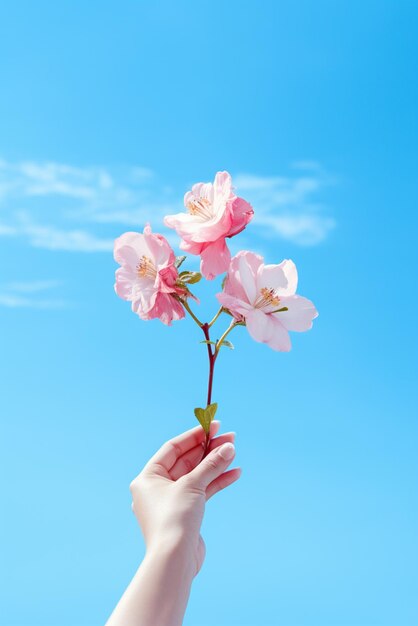 Een hand die een bloem vasthoudt geïsoleerd op de achtergrond van de hemel