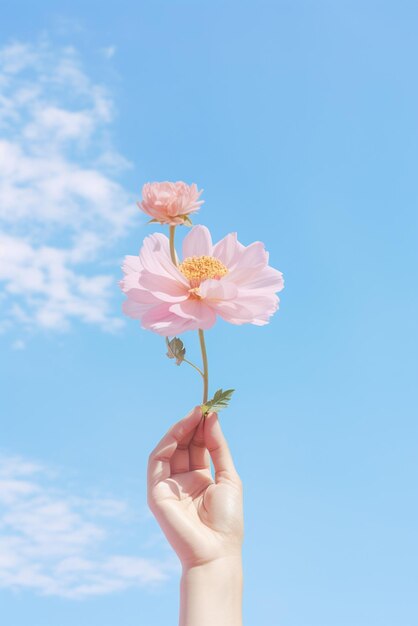 Een hand die een bloem vasthoudt geïsoleerd op de achtergrond van de hemel