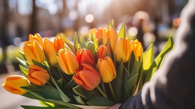 Een hand die een boeket tulpen vasthoudt