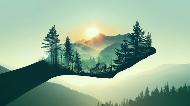 Een hand die een bos en zonverlichte bergen vasthoudt Platte tekening Het concept van het redden van de wereld en de aarde