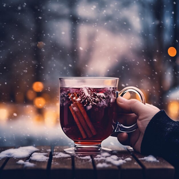 Foto een hand die een dampende beker gladde wijn of cider in de buitenlucht vasthoudt met zichtbare sneeuwvlokken