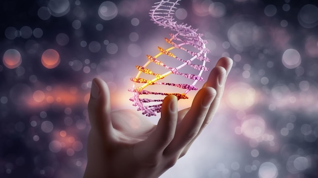 Foto een hand die een dna-streng vasthoudt