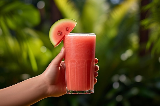 Een hand die een glas watermeloensap vasthoudt tegen een levendige zomerzonondergang