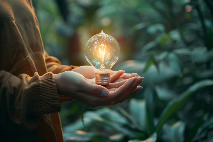 Foto een hand die een gloeiende gloeilamp vasthoudt tegen een donkere achtergrond ai foto
