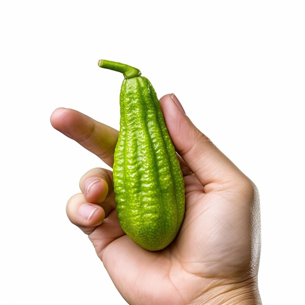 Een hand die een groene komkommer vasthoudt