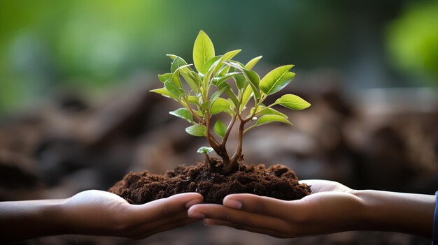 Een hand die een groene plant vasthoudt met uitgroeiende bosachtergrond