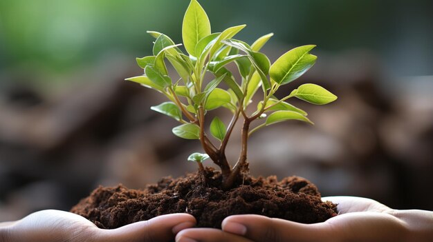 Een hand die een groene plant vasthoudt met uitgroeiende bosachtergrond