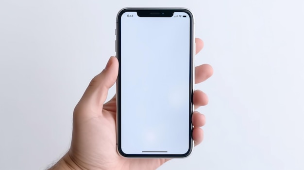 Een hand die een iPhone vasthoudt met een leeg scherm