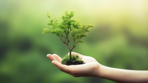 Een hand die een kleine boom vasthoudt met groene bladeren erop.