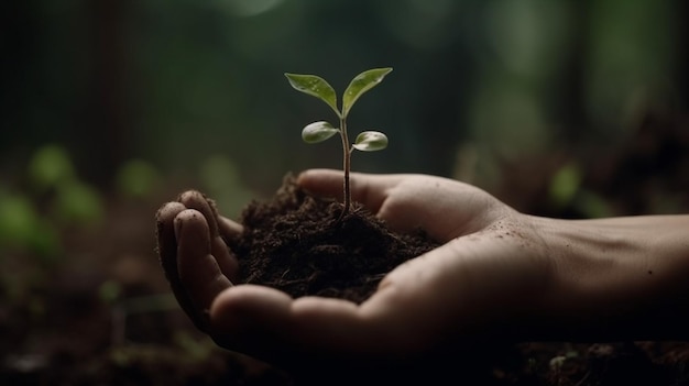 Een hand die een kleine plant vasthoudt met het woord zaad in het middenwereld natuurdag concept