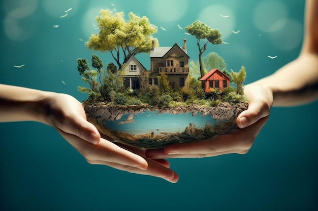 een hand die een kleine wereld vasthoudt met huizen aan de bovenkant en een foto van een huis aan de onderkant