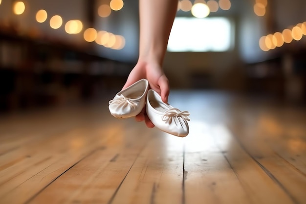 Een hand die een paar balletschoenen vasthoudt