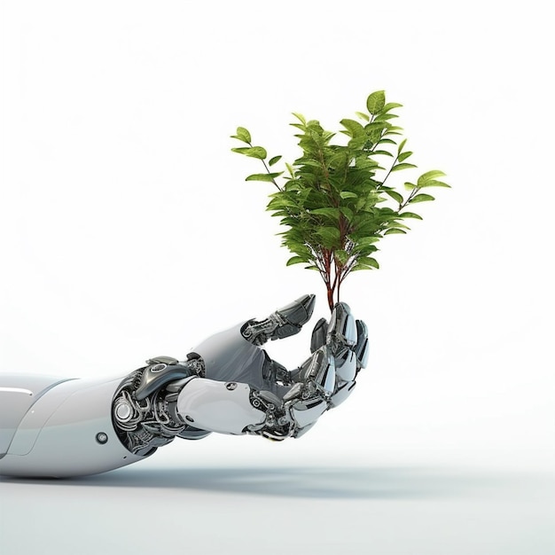 een hand die een plant vasthoudt met het woord robot erop ai generatief