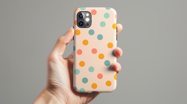 Een hand die een polka dot telefoonkoffer vasthoudt De telefoonkoffer heeft een lichtroze achtergrond met oranje blauwe en groene polka punten