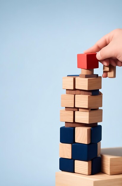 Een hand die een reeks houten kubussen plaatst en rangschikt die het concept van werk en technologie symboliseren