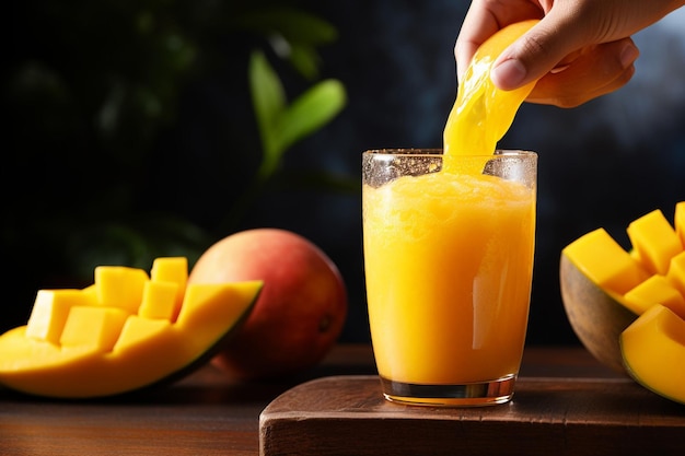 Een hand die een rijpe mango met sap uitperse die op een glas met een plakje mango stroomt