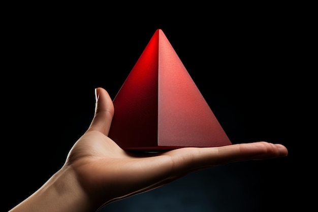 Een hand die een rode piramide vasthoudt