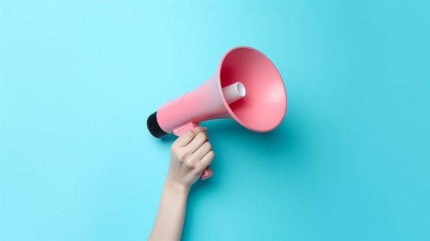 Een hand die een roze megafoon vasthoudt tegen een blauwe achtergrond