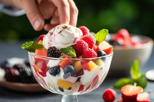 Een hand die een schop vanille-ijs toevoegt aan een fruitsalade