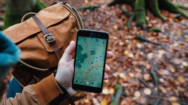 Foto een hand die een smartphone houdt met een kaart-app open de telefoon wordt voor een bruine rugzak gehouden en er liggen gevallen bladeren op de grond