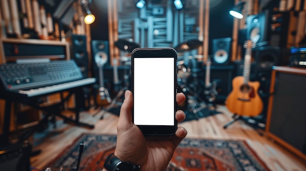 Foto een hand die een smartphone met een leeg scherm toont in een gezellige muziekstudio omringd door gitaren, toetsenborden en geluidsapparatuur