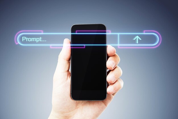 Een hand die een smartphone vasthoudt met een gloeiende neon vorderingsbalk tegen een donkere achtergrond die gegevensverwerking symboliseert