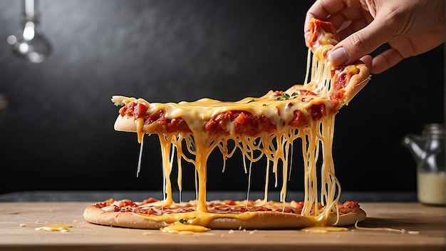 Een hand die een stuk pizza met gesmolten kaas vasthoudt