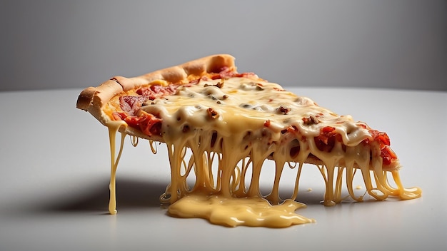 Een hand die een stuk pizza met gesmolten kaas vasthoudt