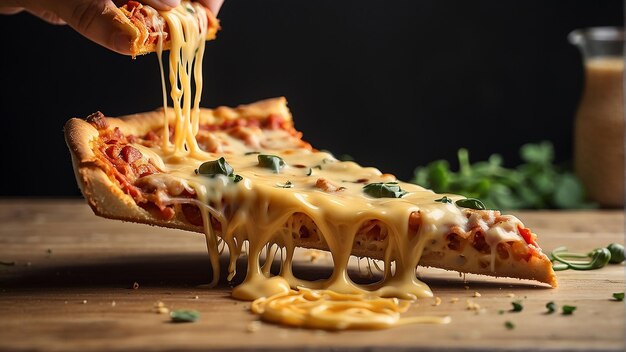 Een hand die een stuk pizza met gesmolten kaas vasthoudt