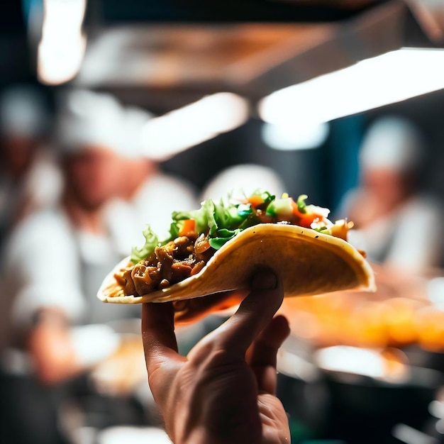 Een hand die een taco vasthoudt met een taco op de achtergrond.