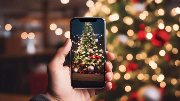 Foto een hand die een telefoon vasthoudt met een achtergrond van een kerstboom