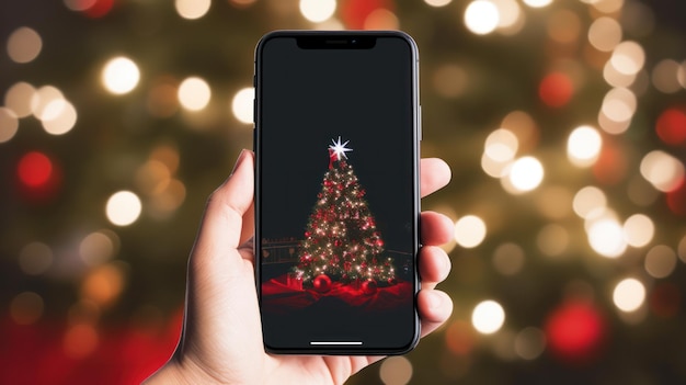 Een hand die een telefoon vasthoudt met een achtergrond van een kerstboom