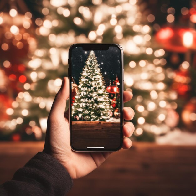 Een hand die een telefoon vasthoudt met een achtergrond van een kerstboom