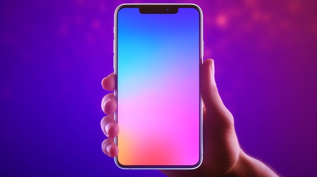 Een hand die een telefoon vasthoudt met een regenboogdisplay.