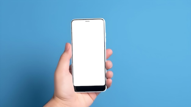 Een hand die een telefoon vasthoudt met een wit scherm