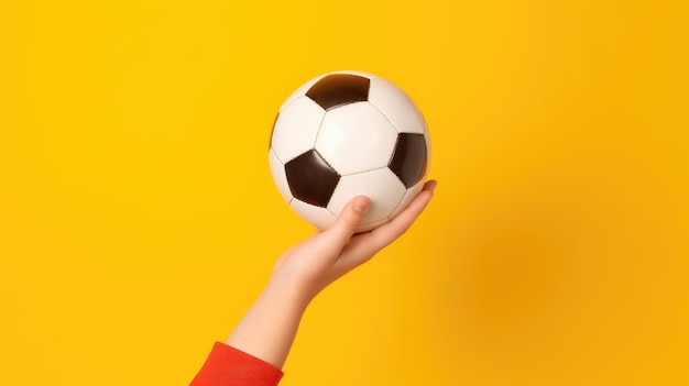 Een hand die een voetbal op een gele achtergrond houdt