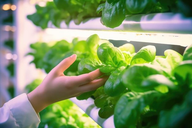 Een hand die groenten vasthoudt in een verticale hydrocultuurboerderij met hightech landbouw. Landbouwkas met hydrocultuurreksysteem