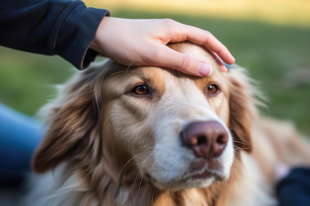 Foto een hand die het hoofd van een hond aait