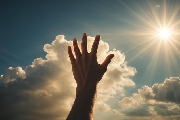 Een hand die naar de hemel reikt en een cluster van pluizige witte wolken in zijn greep houdt