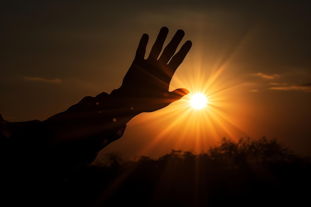 Foto een hand die naar de zon reikte.