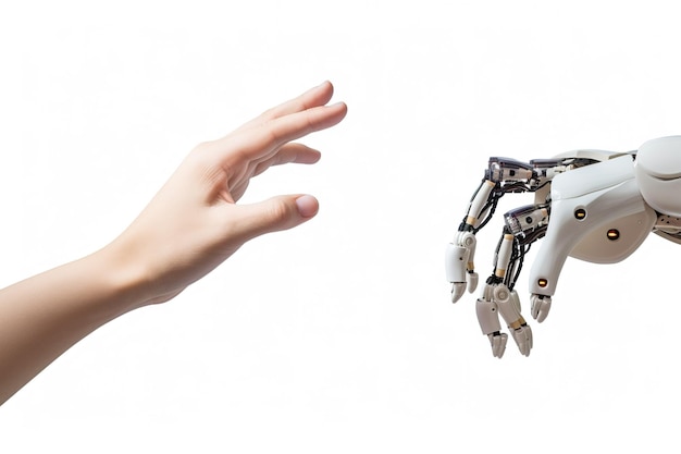 Foto een hand die reikt naar een robothand kunstmatige intelligentie digitale transformatie