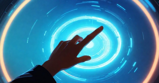 Foto een hand die wijst naar een blauwe cirkel met een blauw licht in het midden
